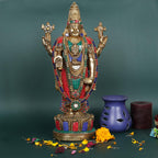 SVARUP Brass Tirupati Balaji Venkateshwara Statue Vishnu Chakra Namah Shankh Murti Lord Srinivasa Religious Idol Decor Gift 16 Inch