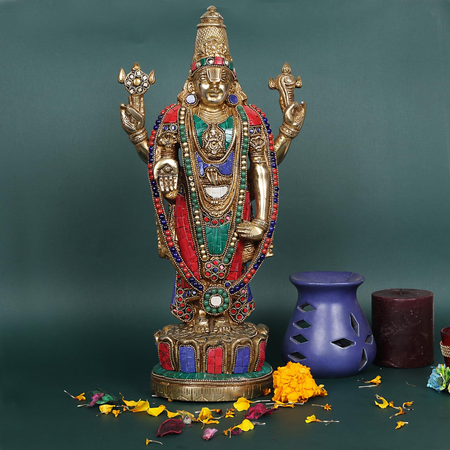 SVARUP Brass Tirupati Balaji Venkateshwara Statue Vishnu Chakra Namah Shankh Murti Lord Srinivasa Religious Idol Decor Gift 16 Inch