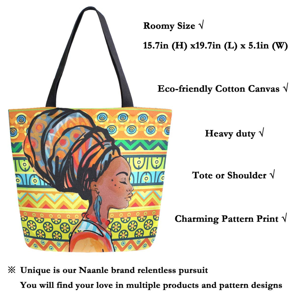 Naanle Africa Canvas Tote Bag Large Women Casual Shoulder Bag Handbag, African Girl Reusable Multipurpose Heavy Duty Shopping Grocery Cotton Bag for Outdoors.