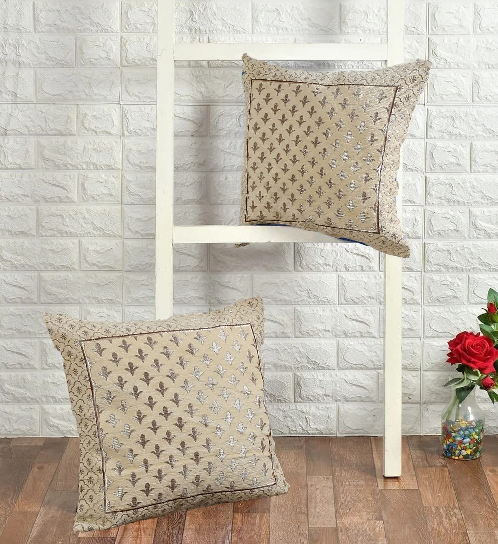 DECOMIZER Jacquard Geomteric Cushion Covers 24 Inch X 24 Inch Set Of 2 Ethnic Motifs 240 TC Cushion Covers,Design- Star,Color- Cream