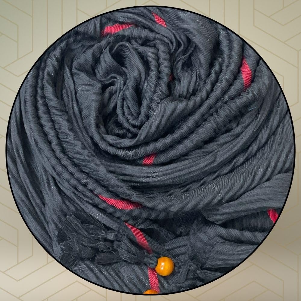 FAHABO Scarf Woman Pleated Cotton with Striped Border and Tassels Scarves | Hijab Scarf | Headscarf | Neck Scarf | Stoles | Wraps (Black)