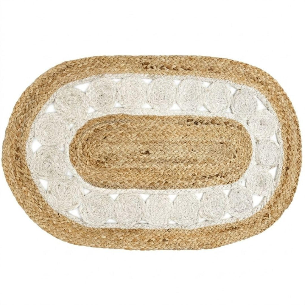 ATRANGI STUDIO Oval Jute Mat | Handwoven Braided Design Mat | Circular Floor Rug for Living Room, Bedroom, Reading Corner | Boho Home Decor | 30x18 inch, White