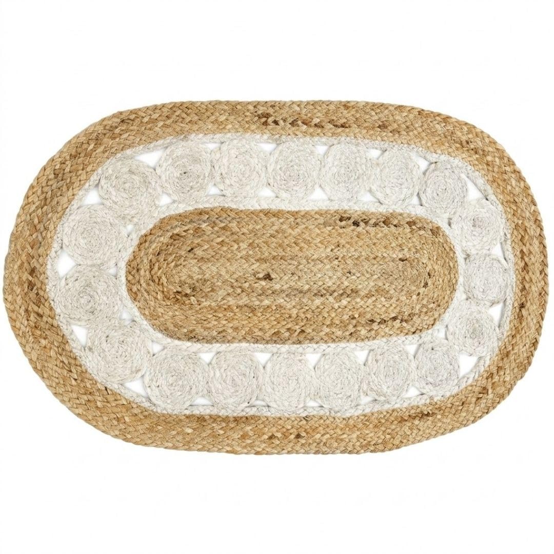 ATRANGI STUDIO Oval Jute Mat | Handwoven Braided Design Mat | Circular Floor Rug for Living Room, Bedroom, Reading Corner | Boho Home Decor | 30x18 inch, White