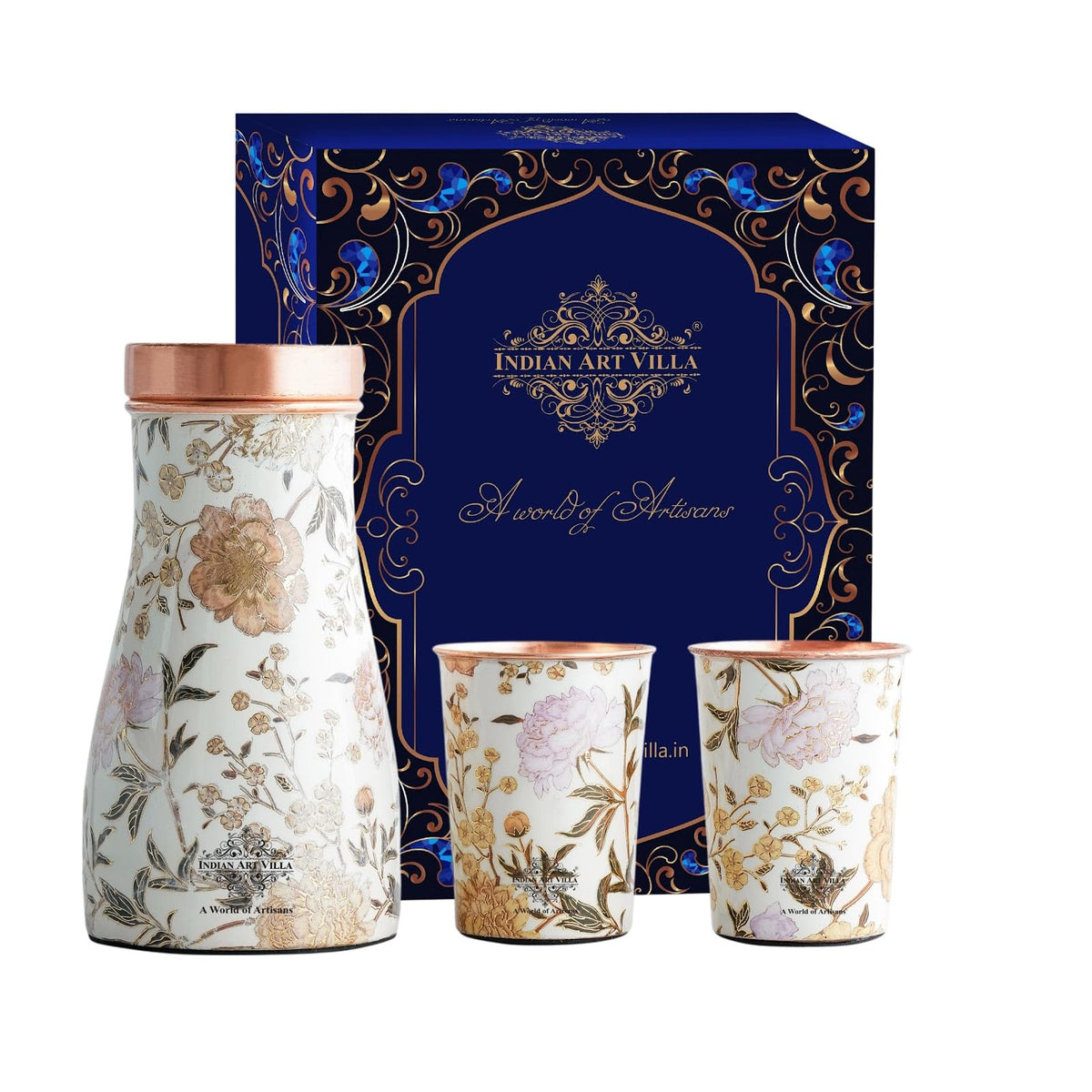 INDIAN ART VILLA Copper Gold Printed Bedroom Bottle with 2 Glass Set – 900 ML Bottle & 300 ML Glasses, Elegant Drinkware Gift Set for Home, Office, and Gifting