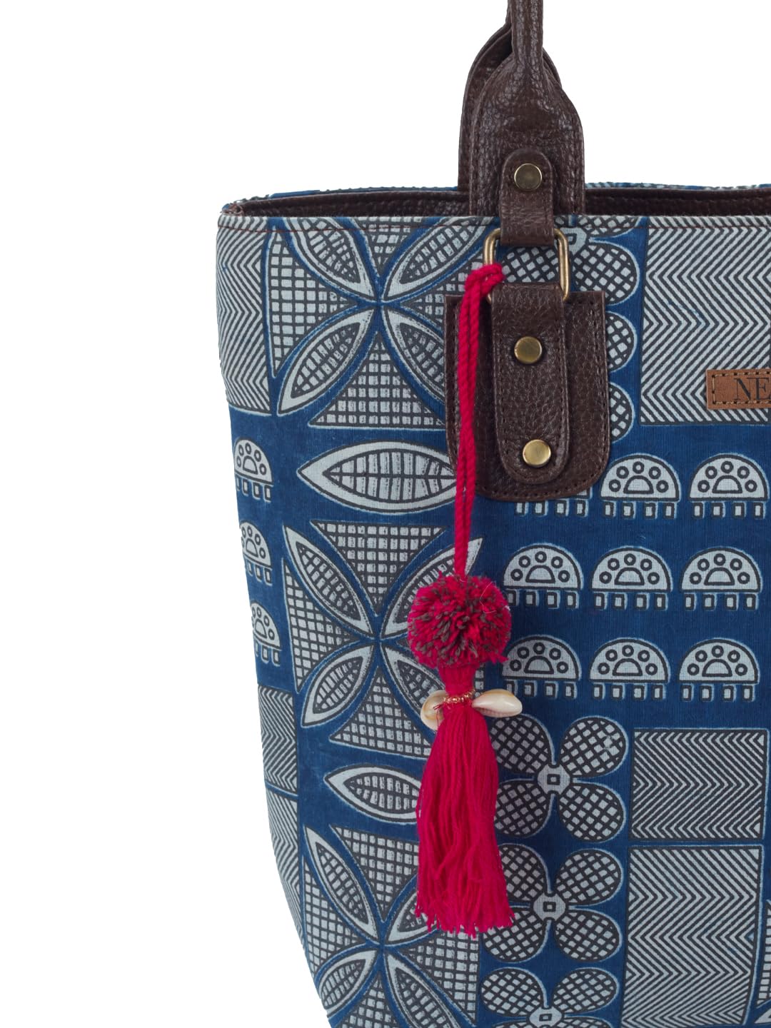 NEPRI Office Pouch Tote Bag | Stylish Set of 2 Tote Bags for Women| Vegan Leather & Handblock Printed Fabric Handbag with Double Handle Shoulder Strap| Daily & Travel Use | WPT-006-18