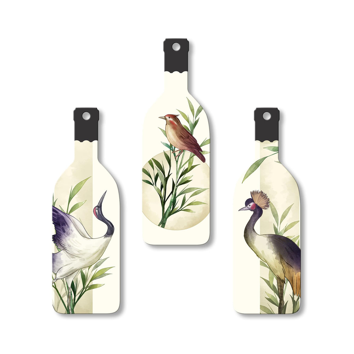 Artvibes Japanese Watercolor Art of Birds Decor Bottle shaped Wooden Wall Hanging | Living Room | Handcrafted Art | Wall Poster | Aesthetic Wooden Decor | Art Print | Unique Gift (WH_9515N), Set of 3