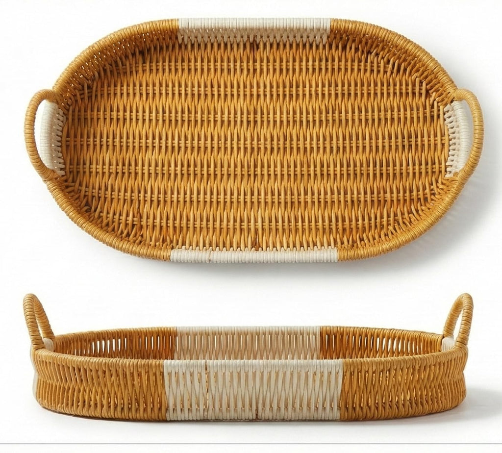 Z W A Handwoven Rattan Oval Serving Tray | Multipurpose Decorative Wicker Baskets with Handles | Boho Home Décor, Coffee Table Organizer, Bathroom & Kitchen Storage Trays. (Small Tray only)