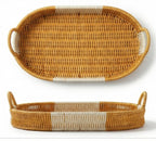 Z W A Handwoven Rattan Oval Serving Tray | Multipurpose Decorative Wicker Baskets with Handles | Boho Home Décor, Coffee Table Organizer, Bathroom & Kitchen Storage Trays. (Small Tray only)