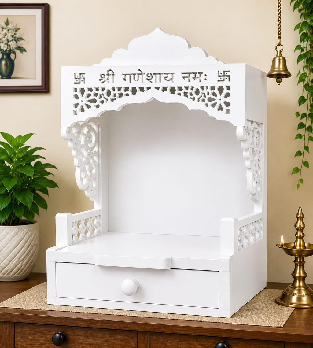 Wooden Pooja Mandir with Drawer, Shri Ganeshay Namah Carved Size 18x12