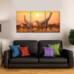 VIBECRAFTS Beautiful Giraffes Sunset In Background 3 Pieces Canvas Wall Painting Fitted With Wooden Frame For Home | Office | Living Room | Gifts(PTVC3Pcs3_11503)