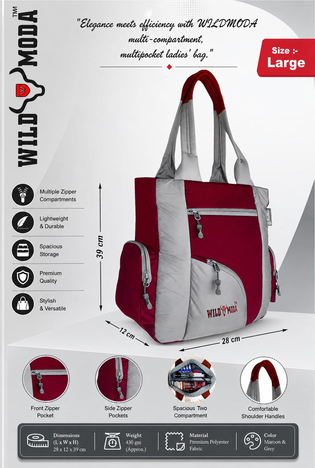 WILD MODA Kat Women Shoulder and Tote Bag (Maroon & Grey)