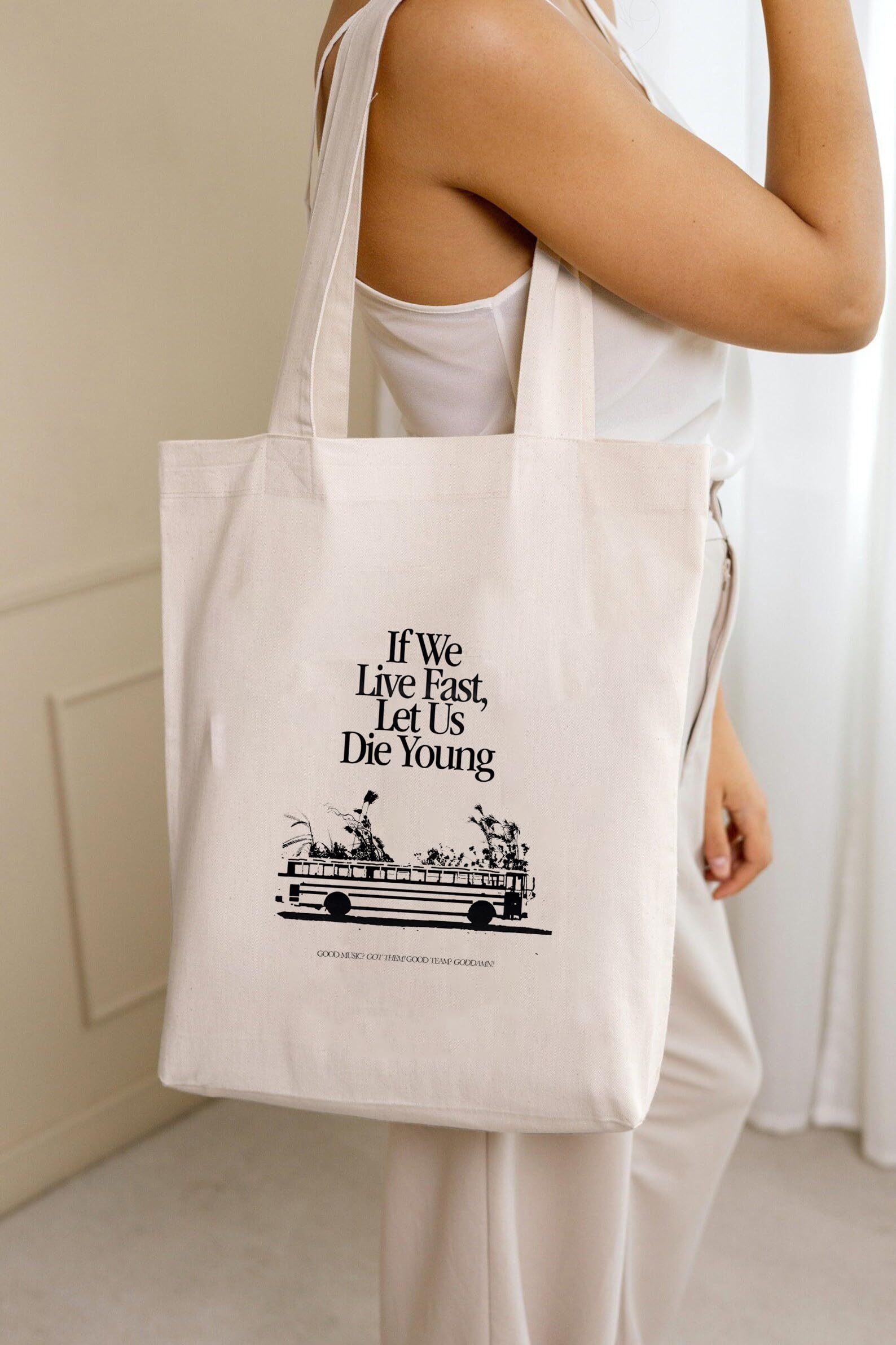 THE UMBRELLA STORE BTS Tote bag, Cotton tote bag with pocket inside (if we live fast let us die young)- Run BTS merch