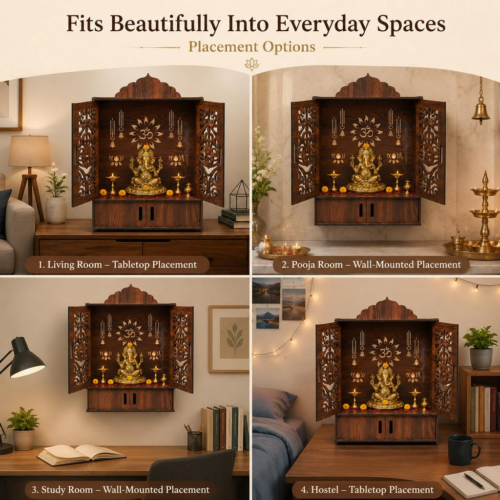 The Castle Decor Wooden Mandir for Home, Wall Hanging & Tabletop Pooja Temple with Double Doors, Om & Lotus Cutwork, Storage Cabinet, Dark Walnut MDF for Pooja Room, 10.6 x 20 x 16.7 Inch (Design-7)