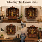 The Castle Decor Wooden Mandir for Home, Wall Hanging & Tabletop Pooja Temple with Double Doors, Om & Lotus Cutwork, Storage Cabinet, Dark Walnut MDF for Pooja Room, 10.6 x 20 x 16.7 Inch (Design-7)
