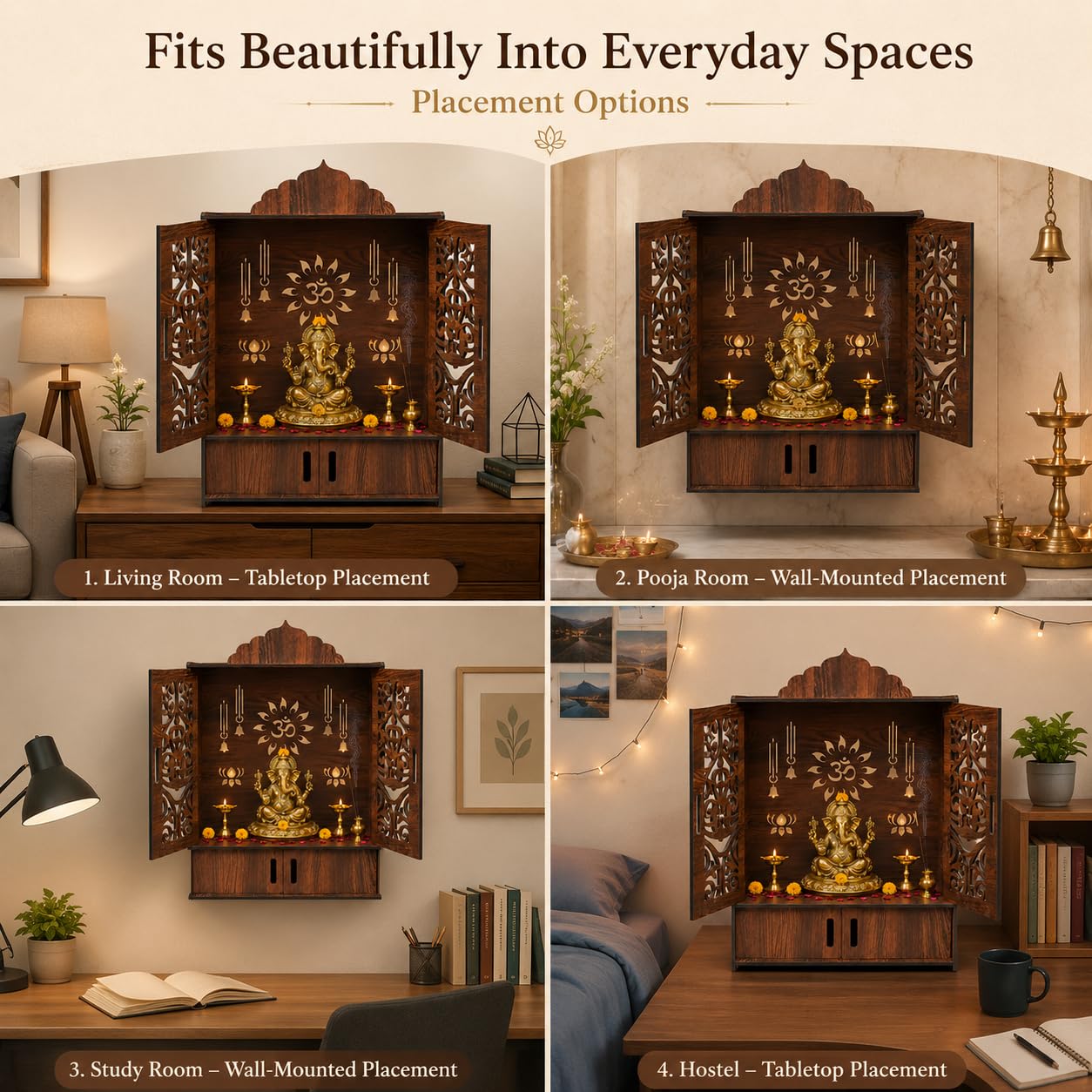 The Castle Decor Wooden Mandir for Home, Wall Hanging & Tabletop Pooja Temple with Double Doors, Om & Lotus Cutwork, Storage Cabinet, Dark Walnut MDF for Pooja Room, 10.6 x 20 x 16.7 Inch (Design-7)