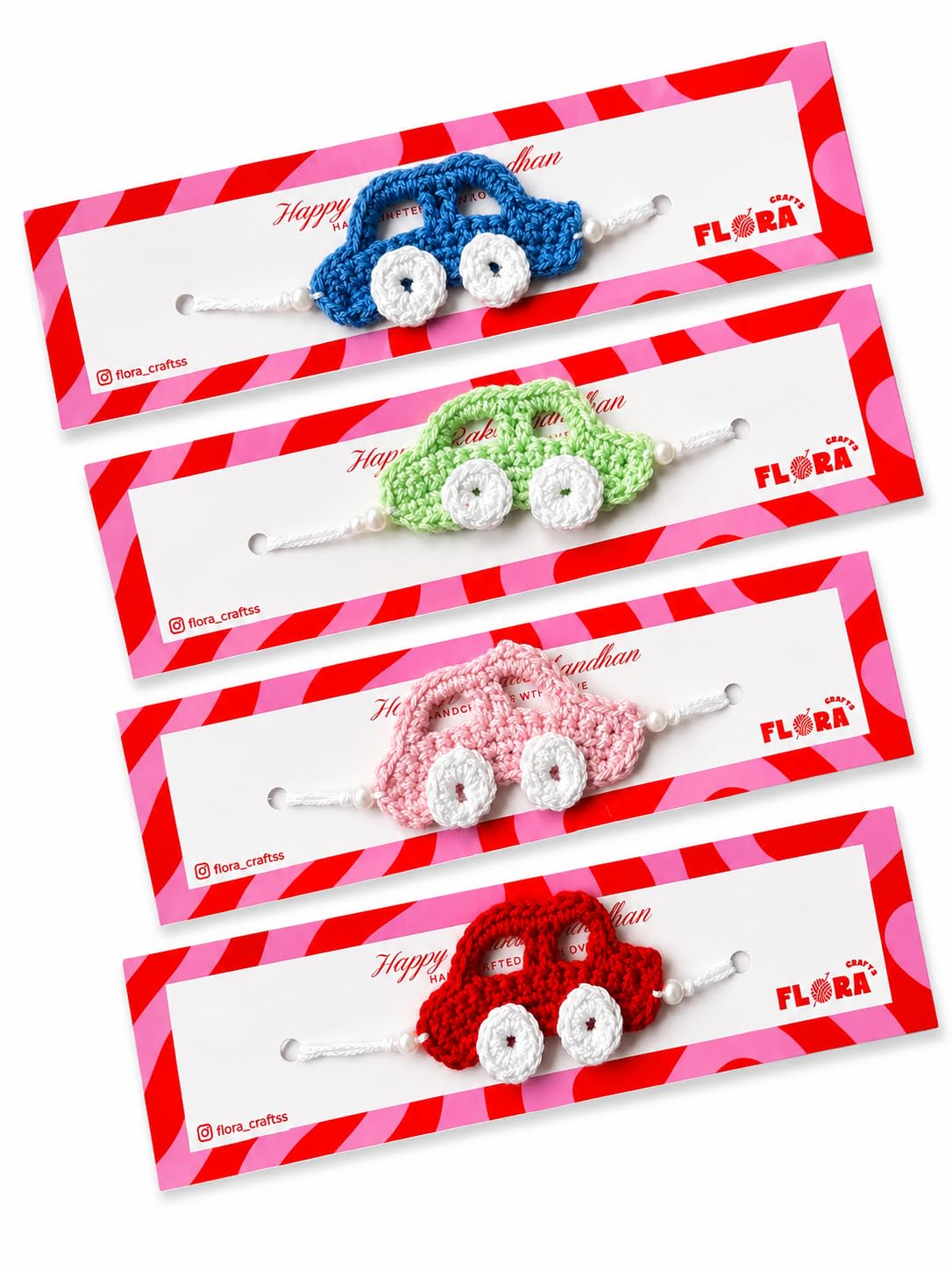Flora Crafts Handmade crochet rakhi set | Kids Car combo (pack of 04) | Blue Red Pink Green