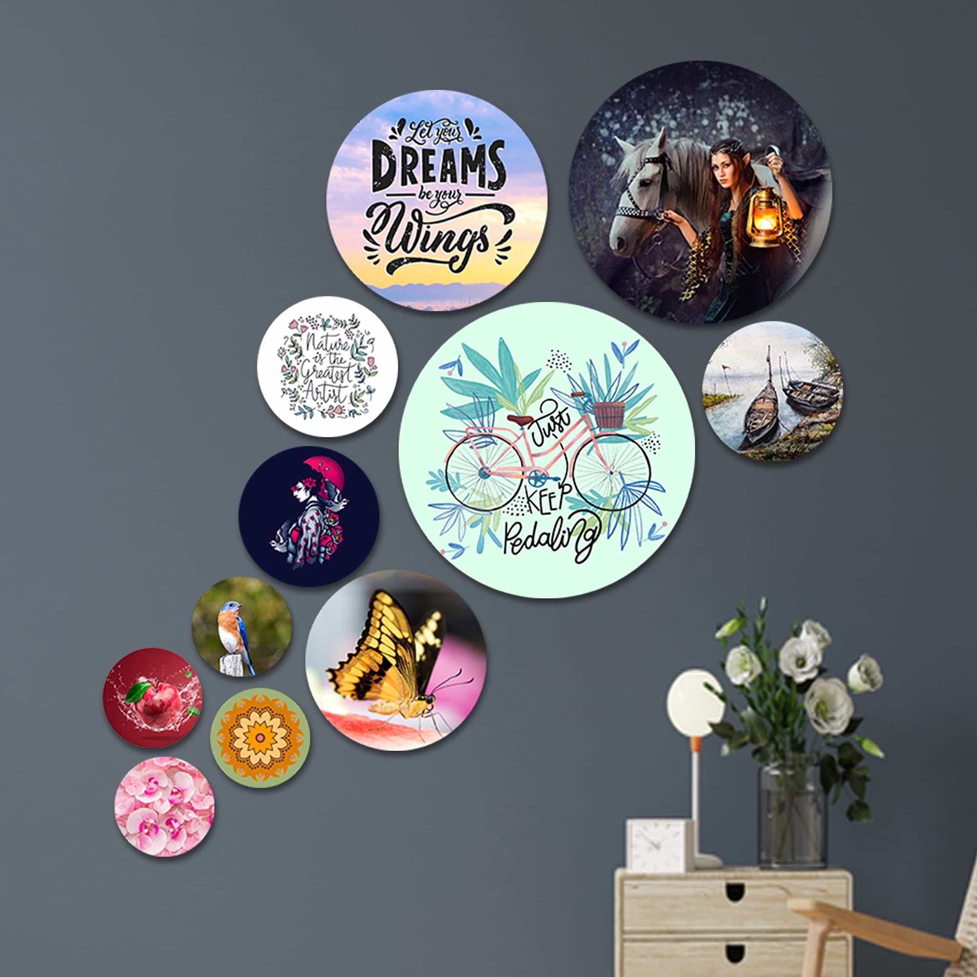 Artvibes Nature Is The Greatest Artist Round Shape MDF Wooden Wall Decor Items | Art For Wall | Wall Sculpture | Signs & Plaques | Festive Decor | Wall Art Print | Ideal Gifts (WPS_101NN), Set of 11