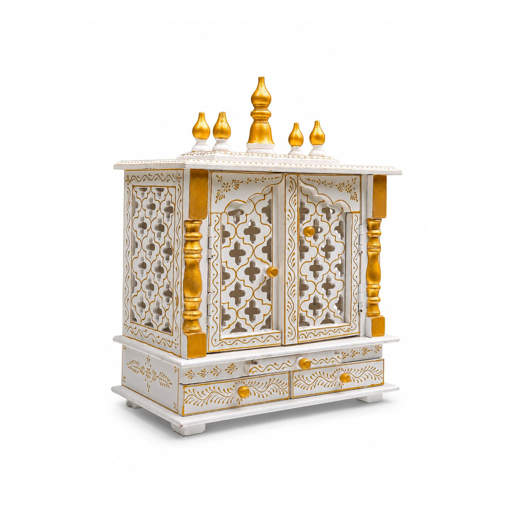Vipron 15'' White Wooden Hindu Temple for Home Handpainted Mandir with Door Wall Mount Pooja Ghar