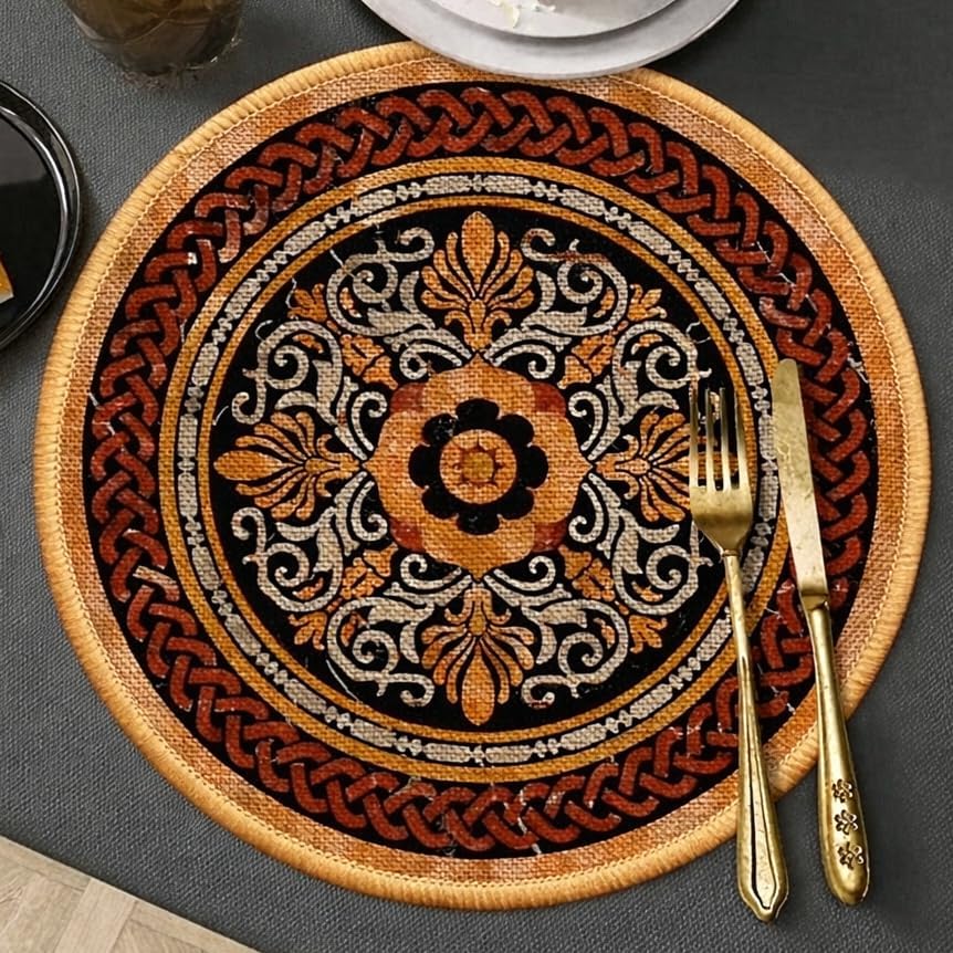 HomeCloud Round Printed Jute Placemat 20x20Cm | Heat-Resistant Table Mat with Anti-Skid Rubber Back | Decorative Dining, Centre & Coffee Table Mat (Gold_Red, Pack of 2) Kafalo