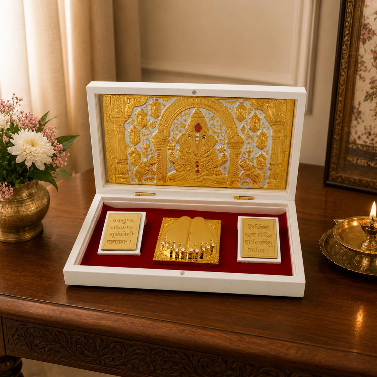 Dev Darbaar Shree Ganesh Charan Paduka Frame, 24K Gold Plated Ganesha Pocket Temple for Home & Office, Decorative Ganesh Gift Box for Pooja, Diwali, Housewarming & Spiritual Decor