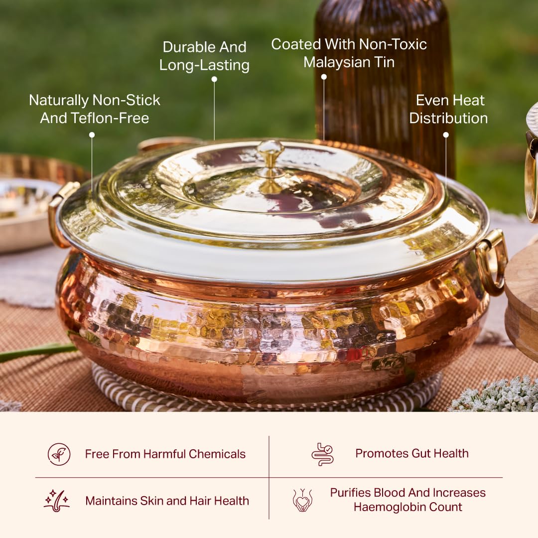 P•TAL Copper Hammered Lagaan 4L | Tin Coated with Brass Lid | 100% Pure Copper Degchi for Cooking Biryani Handi Ptal Brass Utensils for Kitchen