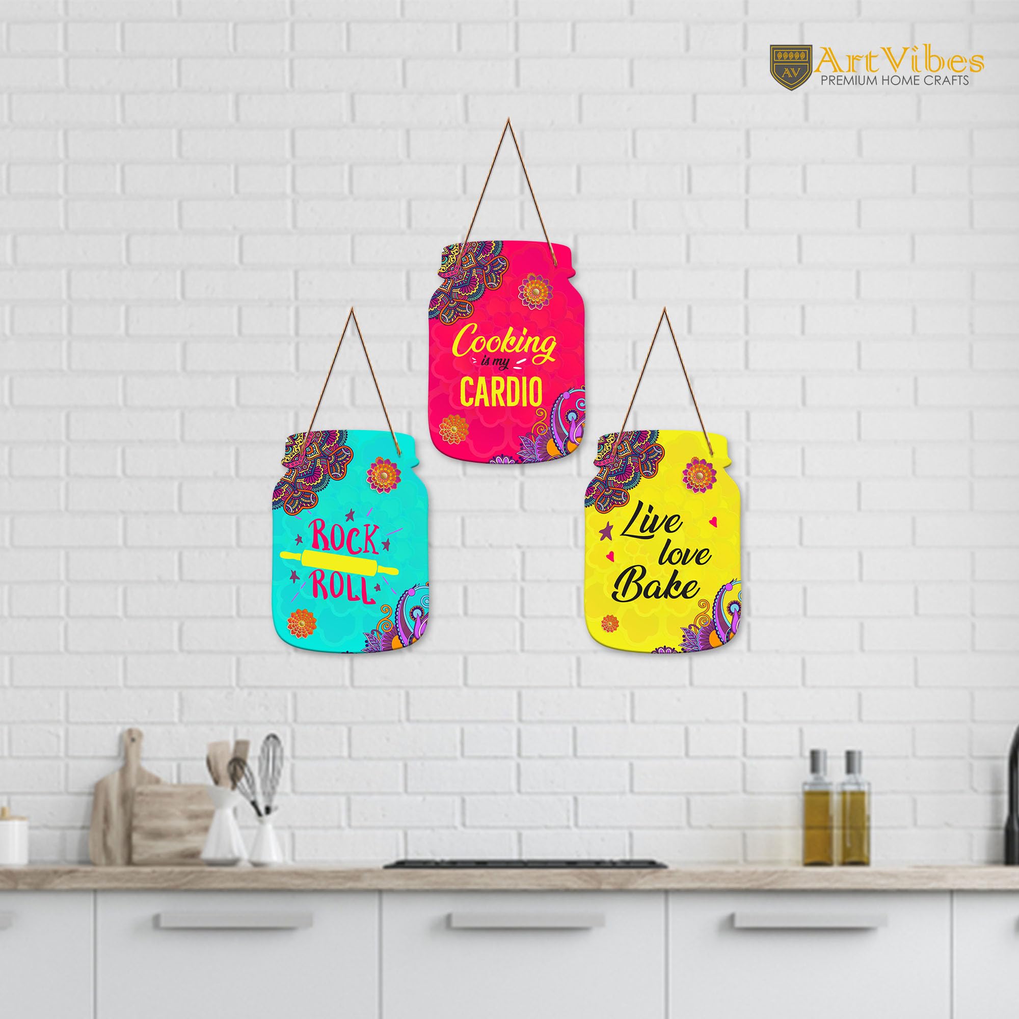 Artvibes Live Love Bake Quote Kitchen Wall Decoration Items for Kitchen | Cafe | Restaurant | Quotes Decor Item | Printed Wall Decoration | Kitchen Quotes Decor Item | Wall Poster (WH_8914N), Set of 3