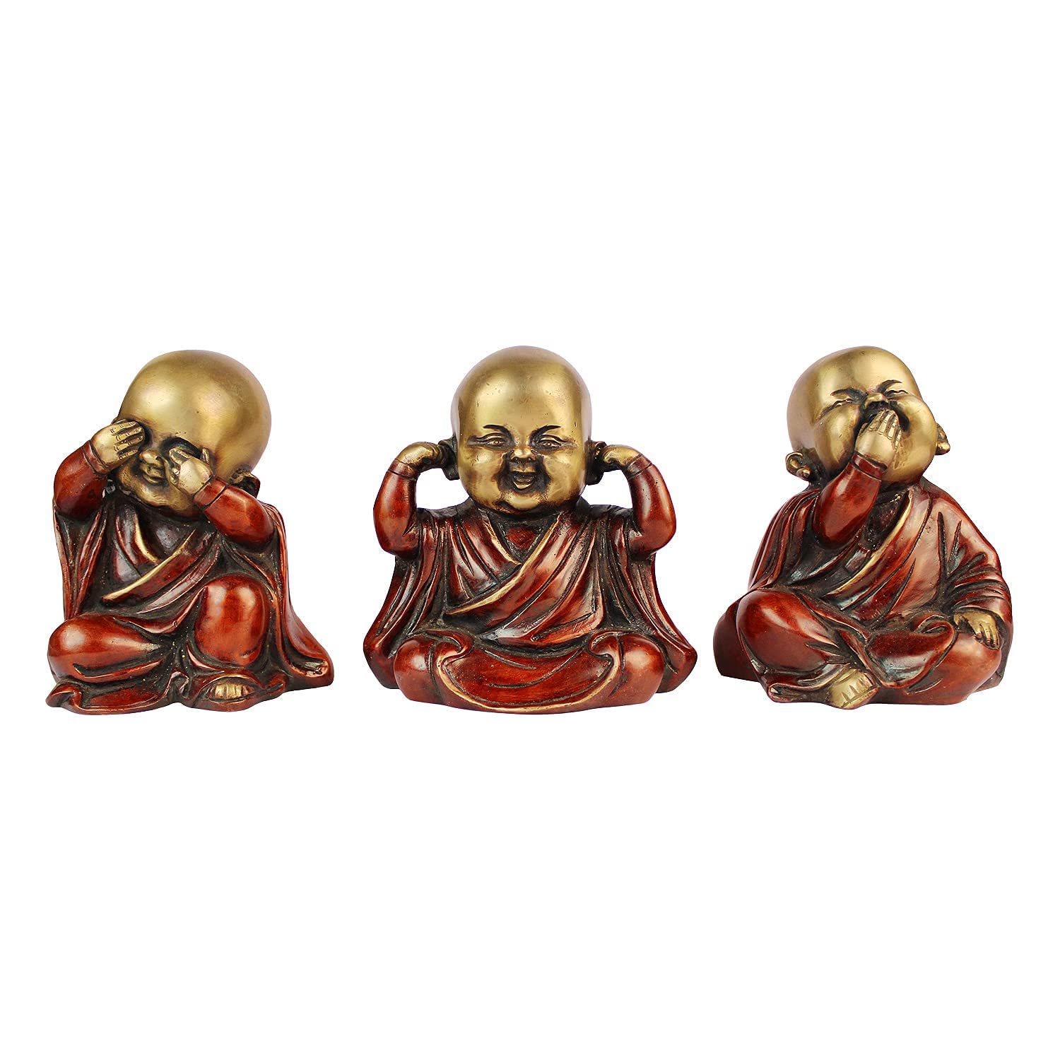 Svarup Three Wise Monks in Brass Statues of Baby Buddha Who Hear No Evil Don't Do Evil, Don't Speak Evil Set of Three Buddha Statues Height 5 Inch Weight 4 Kg Color Cherry Gold