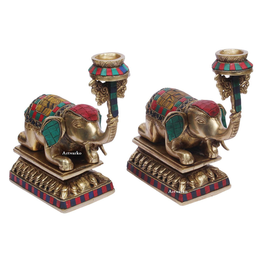 Artvarko Elephant Tealight Candle Holder Pair (2 Pcs) Brass Multicolor Gemstone Handwork Height 8 Inches