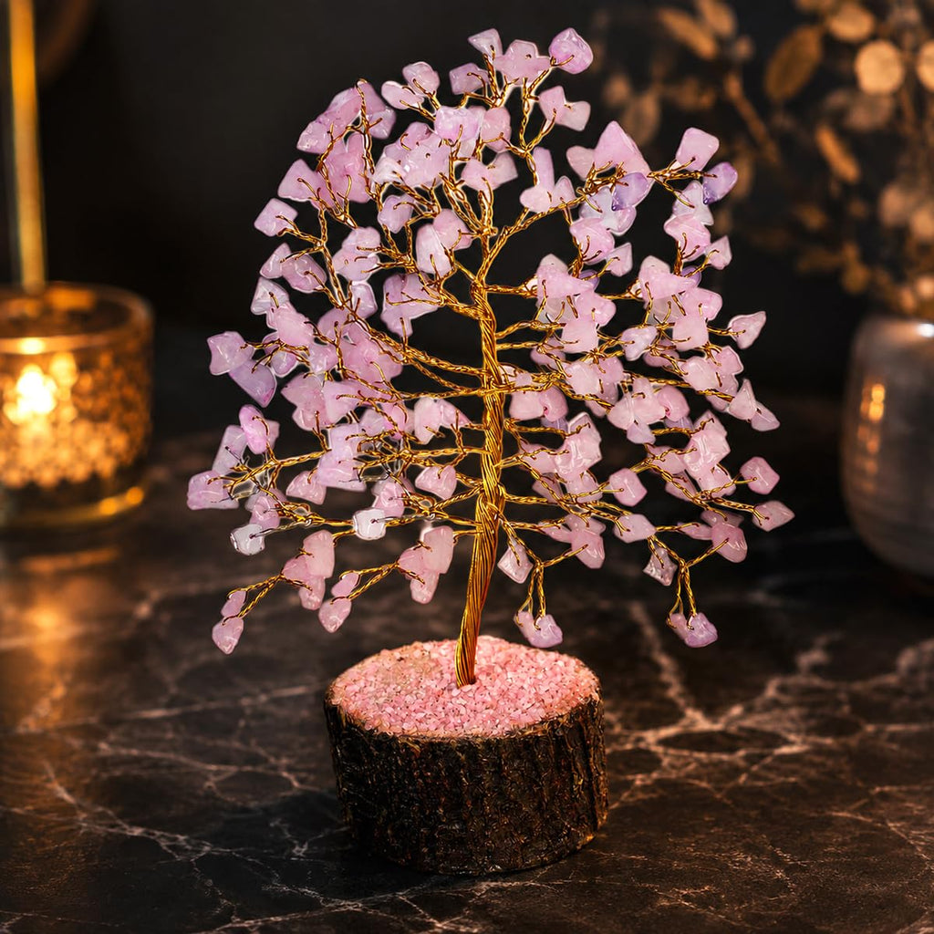 Reiki Crystal Products Rose Quartz 100 Bead Crystal Stone Tree | Natural Gemstone Money Tree for Love, Harmony, Emotional Balance & Positive Energy | Home Office Décor, Vastu & Feng Shui Gift