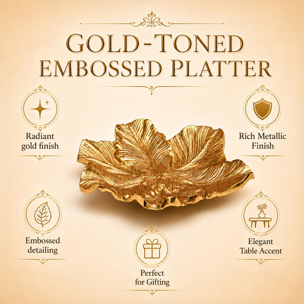 MARKET 99 Glossy Golden Aluminium Decorative Dish | Embossed Accent Platter for Dining Table, Living Room & Center Table | Designer Tray for Festive Gifting, Home Décor & Stylish Display
