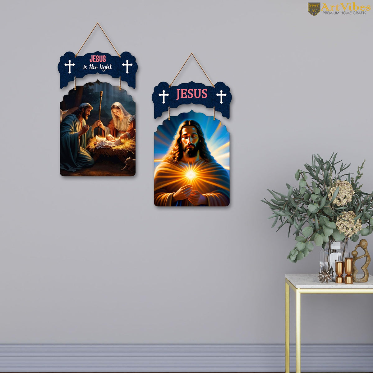 Artvibes Jesus Christ Designer Wooden Wall Hanging Decoration Items for Living Room | Spiritual Decor Items | Religious Wall Art | Wall Poster | Modern Decor Items | Unique Gift (WH_9215N), Set of 2