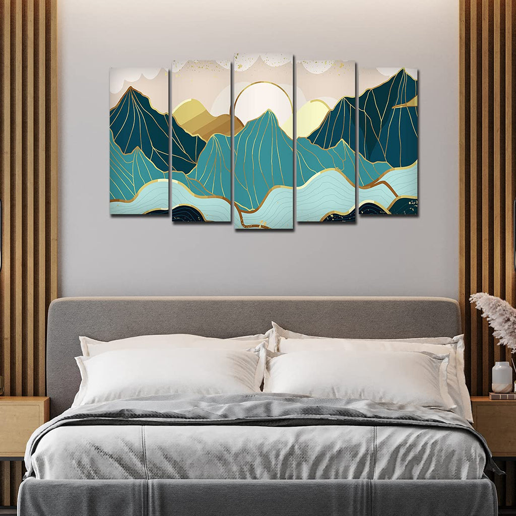 VIBECRAFTS Abstract Mountains with Sunrise Background 5 Pieces Canvas Wall Painting For Home|Office|Living Room|Gift (PTVC5Pcs2_6503)