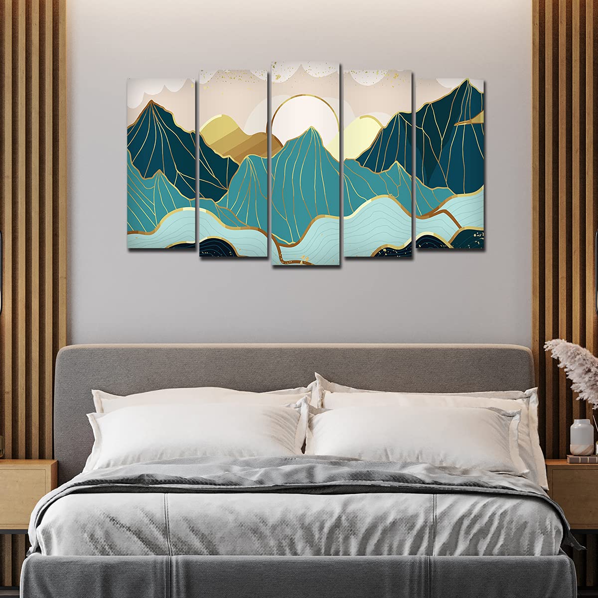 VIBECRAFTS Abstract Mountains with Sunrise Background 5 Pieces Canvas Wall Painting For Home|Office|Living Room|Gift (PTVC5Pcs2_6503)