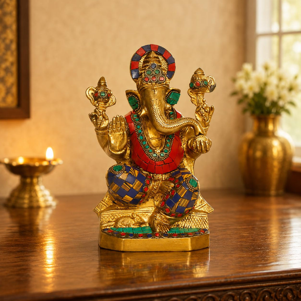 ARTVARKO Lord Ganesha Idol Brass Ganesh Murti Statue Handmade Ganpati Temple Diwali Puja Home Decor Gift 8 Inches