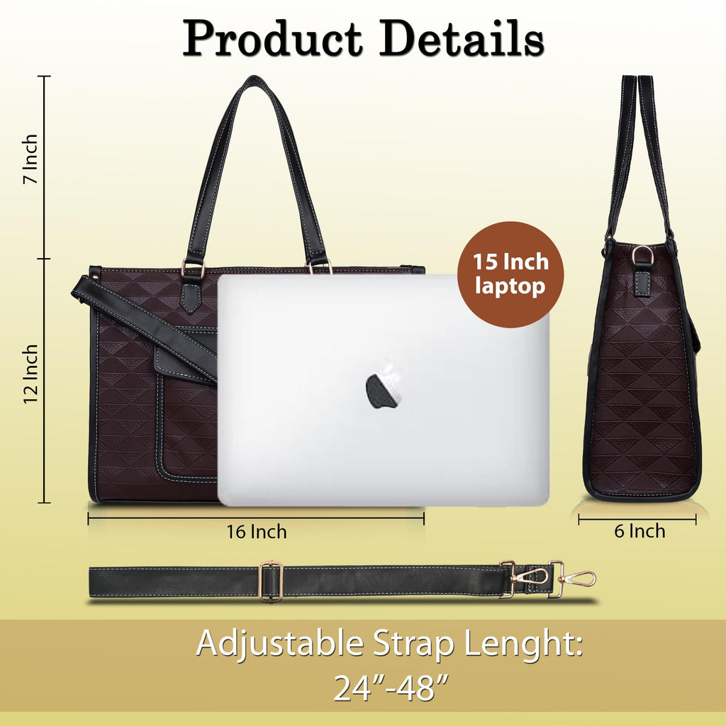 Womanix PU Laptop Tote Bags for Women with Front Pocket, Work Bag,15 inch tote for Women, Large Capacity Handbag for Office, School, Travel, Teacher Purse (Brown Black)