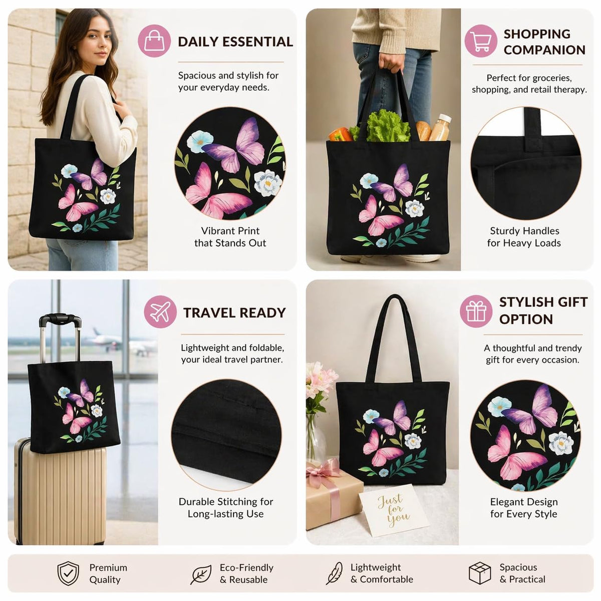 Large Cotton Canvas Tote Bags for Women and Girls with Bottle Holder Black College Tote Bags with Zipper & Inner Pocket Travel Beach Shopping Work Office Daily use Handbags (Floral Butterfly)