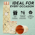MERCAPE® Pure Copper Water Bottle Gift Set with 2 Copper Glasses (300 ml Each) | Decorative Printed Design | Leak Resistant Screw Cap | Reusable Copper Drinkware Set | 900 ml