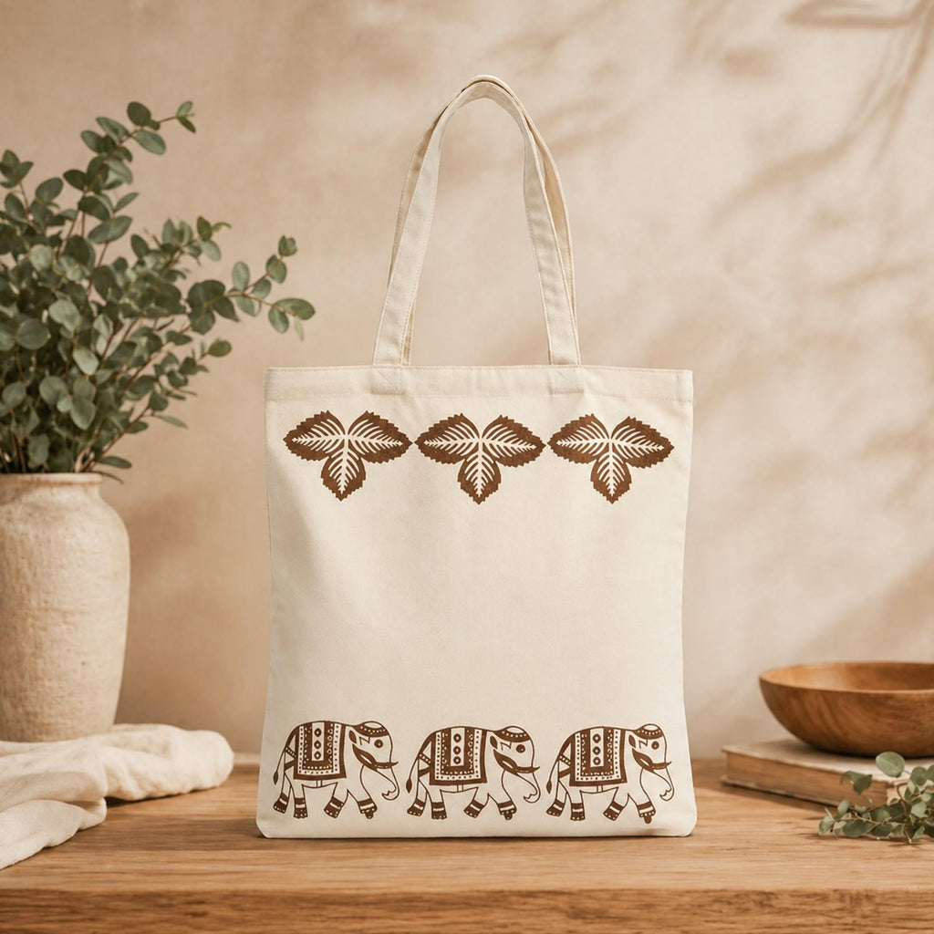 Neelkanth Imprint Eco-Friendly Hand Block Printed Elephant Border Cotton Canvas Tote Bag, Reusable Shopping & Daily Use Shoulder Handbag