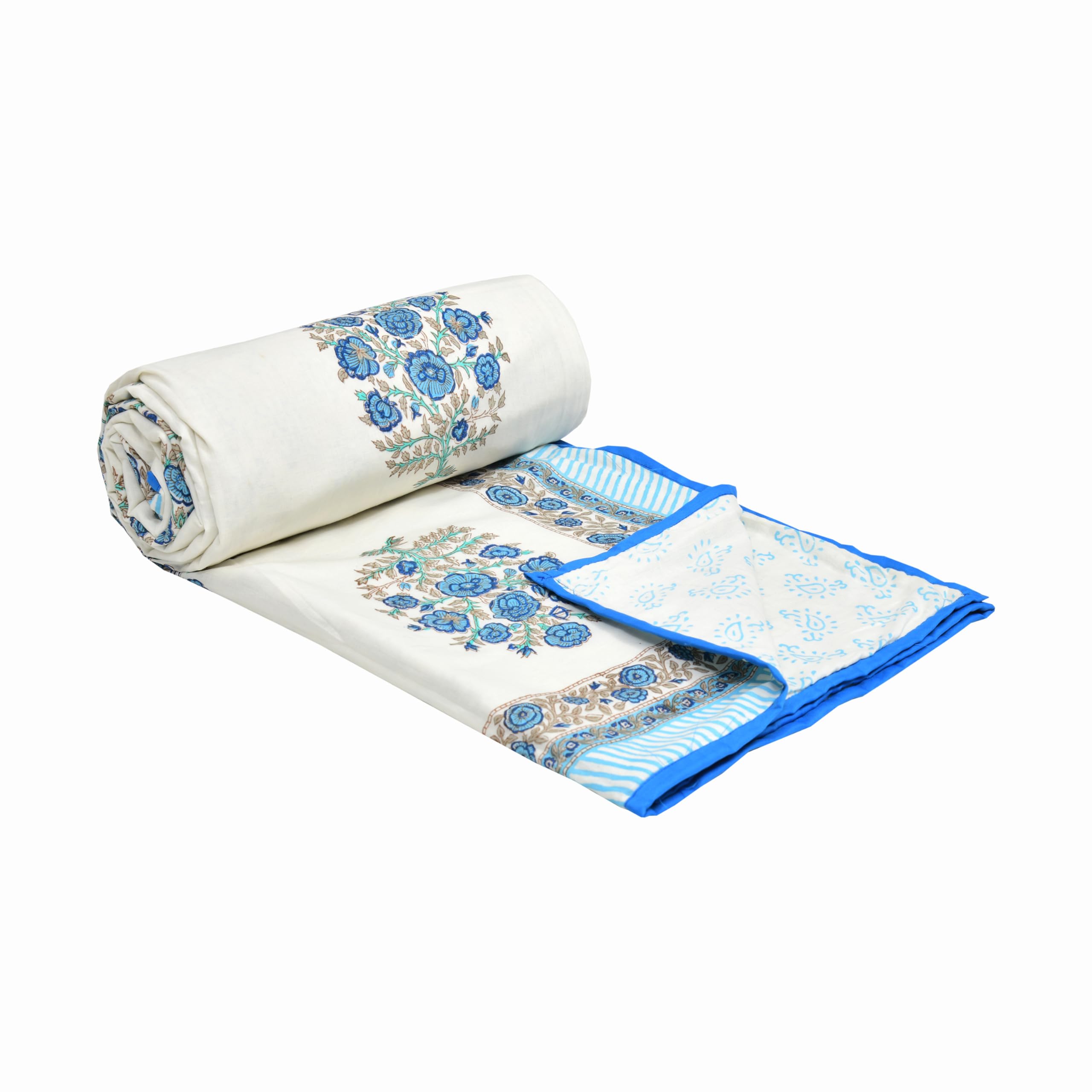 BLOCKS OF INDIA Hand Block Printed Cotton Single Size Reversible Malmal Dohar for Summer (Blue Rose) Kafalo