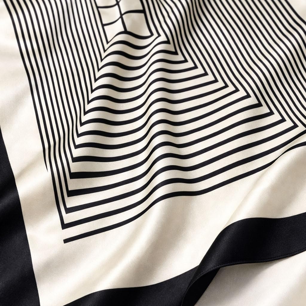 ULOS Women’s Geometric Print Light Weight Black & White Colored Satin Head Scarf - Neck Scarf - Neck Wrap (Square) (44x44)