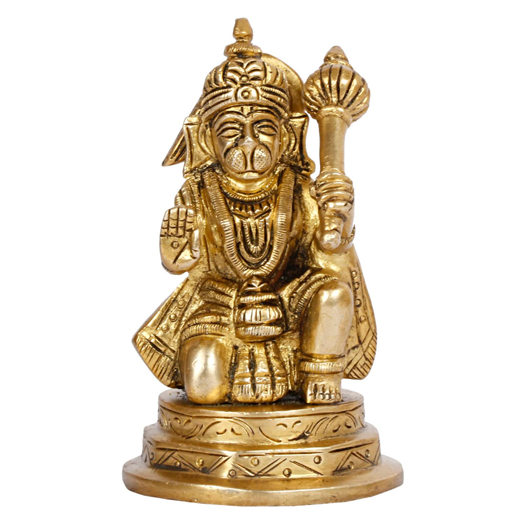 ARTVARKO Brass Hanuman Sitting with Gada on Shoulder Murti for Home Puja Idol Blessing Bajrangbali Statue for Pooja Gift 4.25 Inch