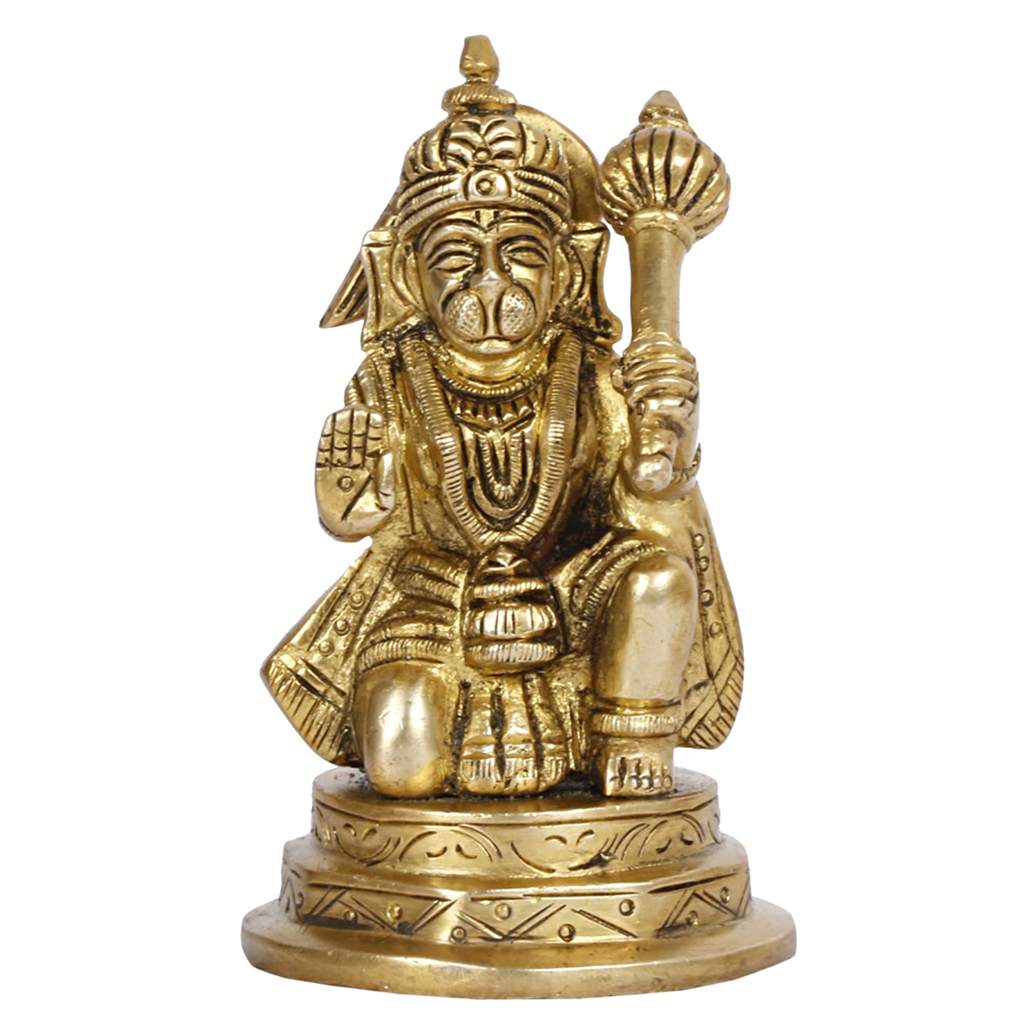 ARTVARKO Brass Hanuman Sitting with Gada on Shoulder Murti for Home Puja Idol Blessing Bajrangbali Statue for Pooja Gift 4.25 Inch