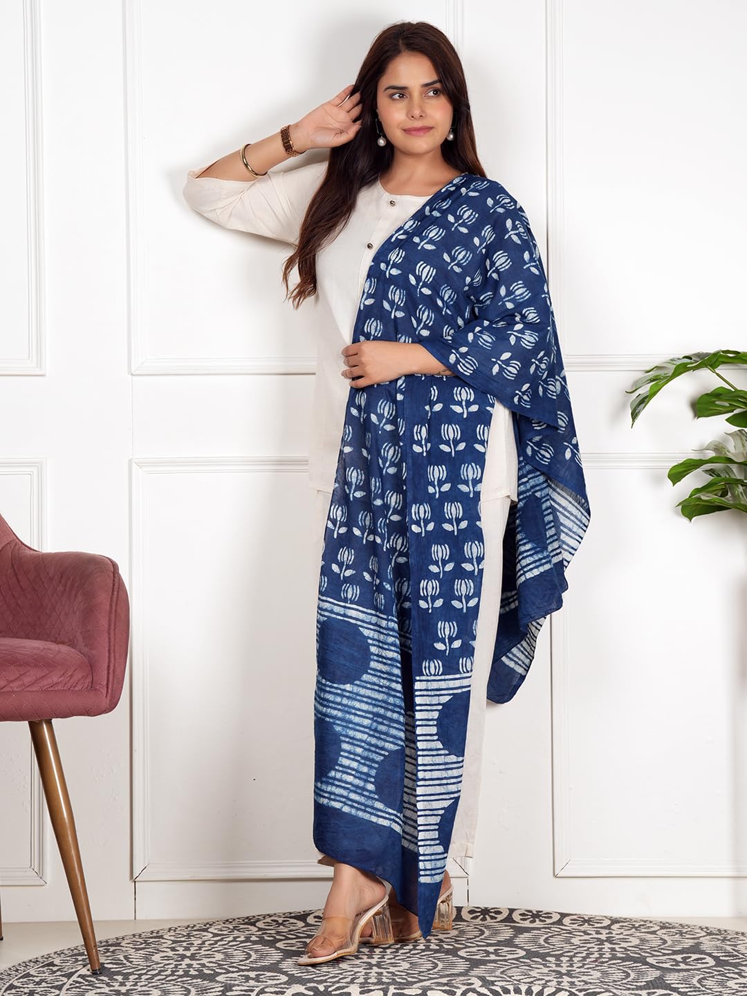 RAI SAHAB Printed Cotton Scarf for Women, Lightweight Soft Scarves Stoles for Summer & Winter(ST-40FLWRBLUE)