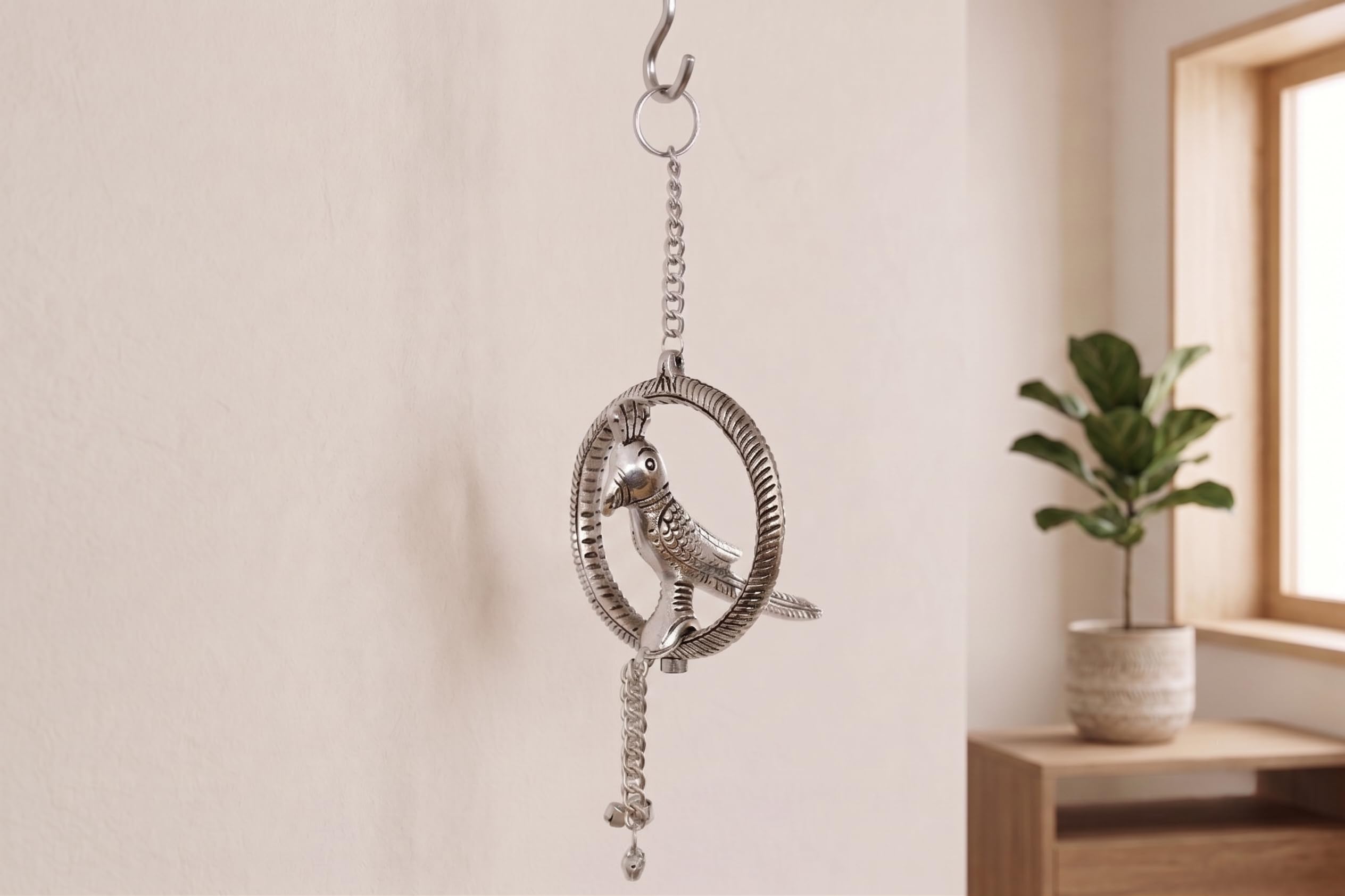 KridayKraft Small Ring Parrot Silver Wall Hanging Decor – Handcrafted Metallic Bird Showpiece for Living Room, Balcony, and Home Decoration.