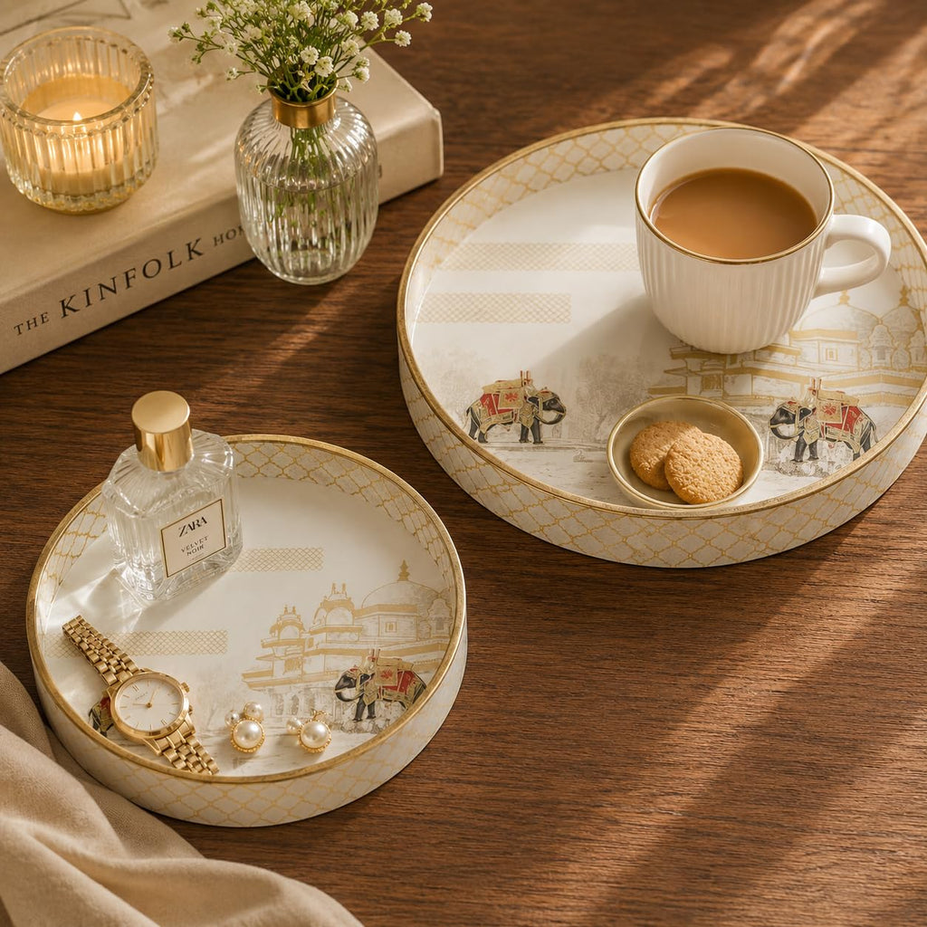 DULI Set of 2 MDF Wood Trays Enamel Coated| Round Trays Set of 2 | Serving Trays | Wooden Tray | Kitchen&Dining Decorative | Resin Tray | 7x7, 9 x 9 inches (SmSetof2Rd-WhiteElephant)