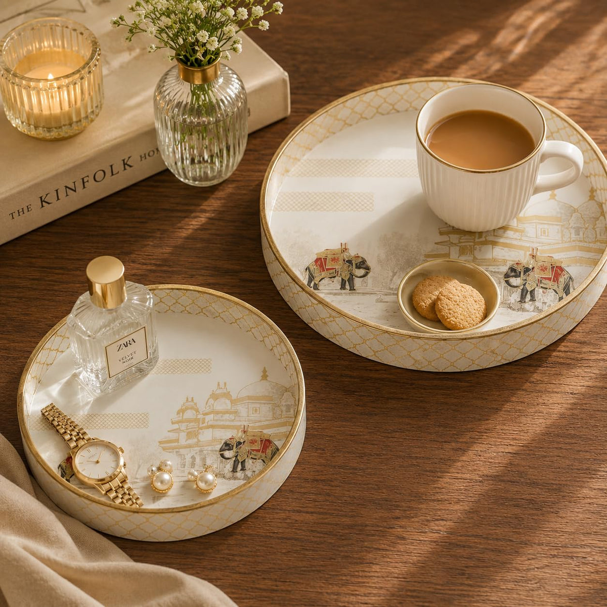 DULI Set of 2 MDF Wood Trays Enamel Coated| Round Trays Set of 2 | Serving Trays | Wooden Tray | Kitchen&Dining Decorative | Resin Tray | 7x7, 9 x 9 inches (SmSetof2Rd-WhiteElephant)