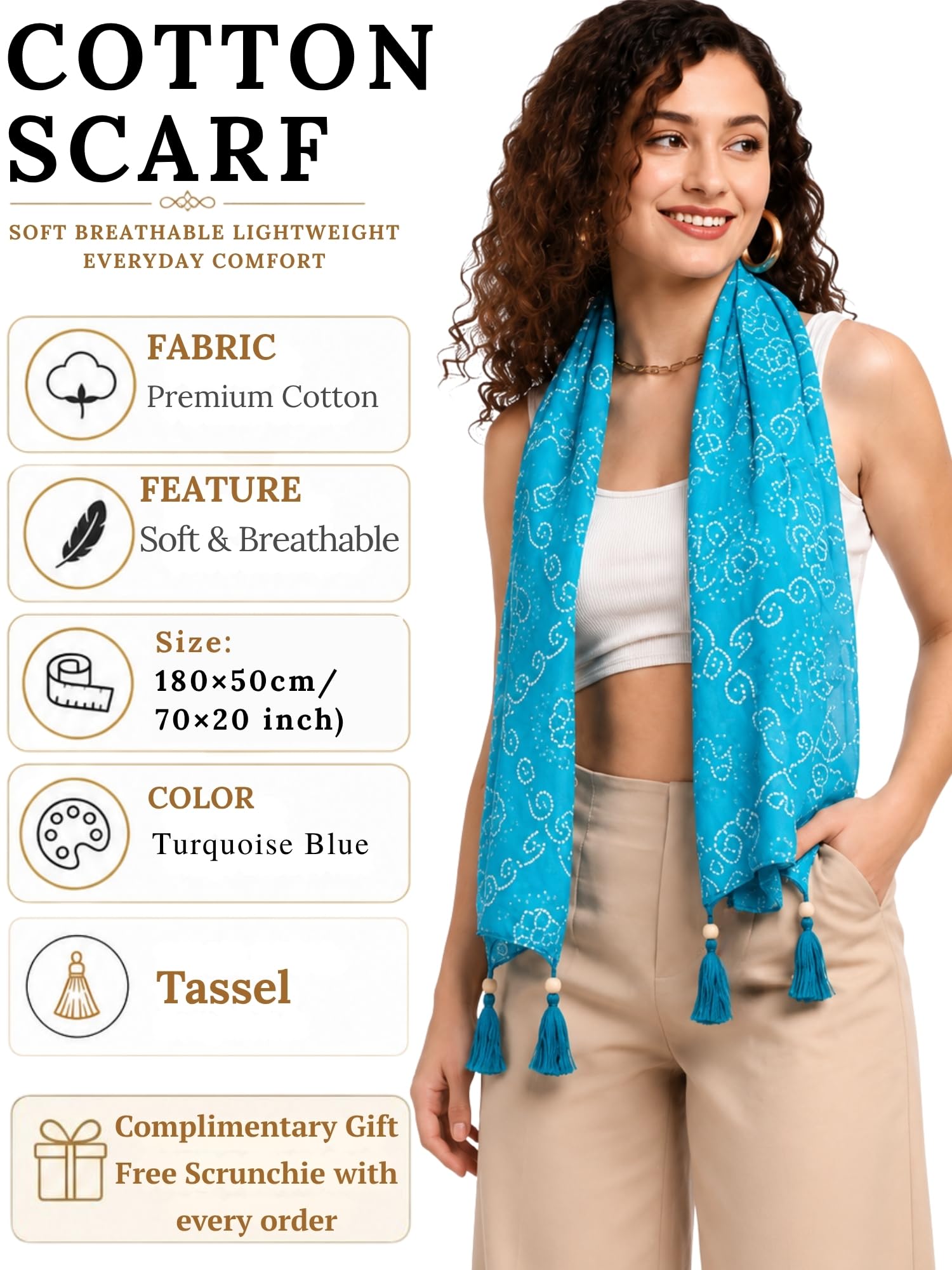 KE KANHA EXPORTS Cotton Scarf with Tassels|Bandhani Print Scarf for Women Stylish|Stole for Women|Breathable Boho Beach Summer Wrap|Multicolor Scarf|Easily Fits 180 * 50 CM