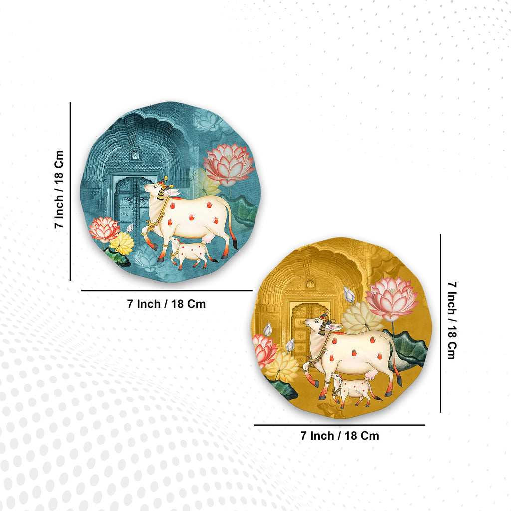 Artvibes Sacred Cow Pichwai Art Round Shape MDF Wooden Wall Decor Items | Living Room | Office | Handcrafted Art | Wall Accent | Artworks Hangings | Gift Items (WH_8813N), Set of 2