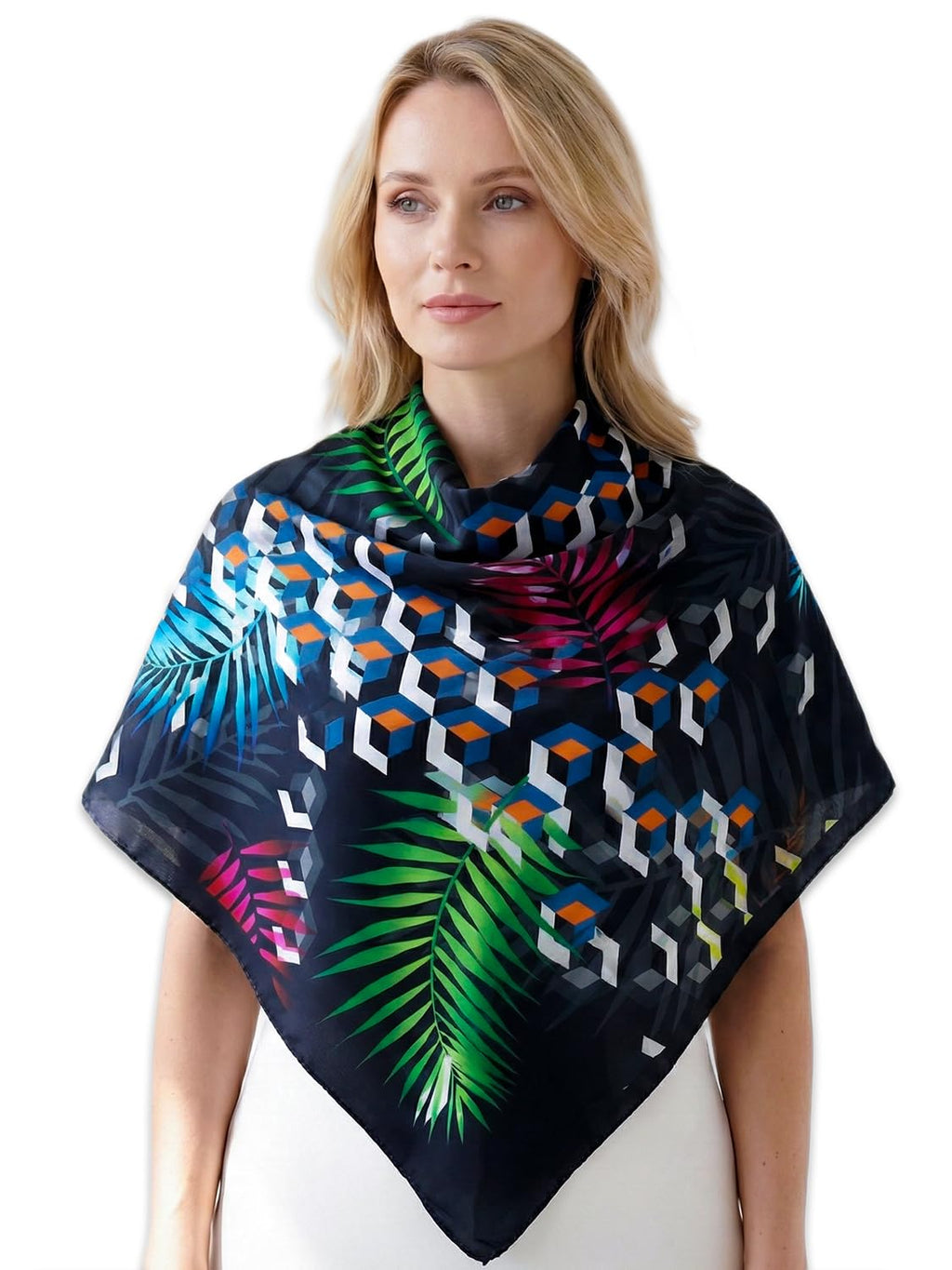 leeza store Women's Premium Silk Scarf For Women | Midnight Navy Blue | 40X40 Square Scarf | Vibrant Modern Fusion Print | Soft Lightweight Neck Wrap, Hair Scarf, Stole & Head Scarf