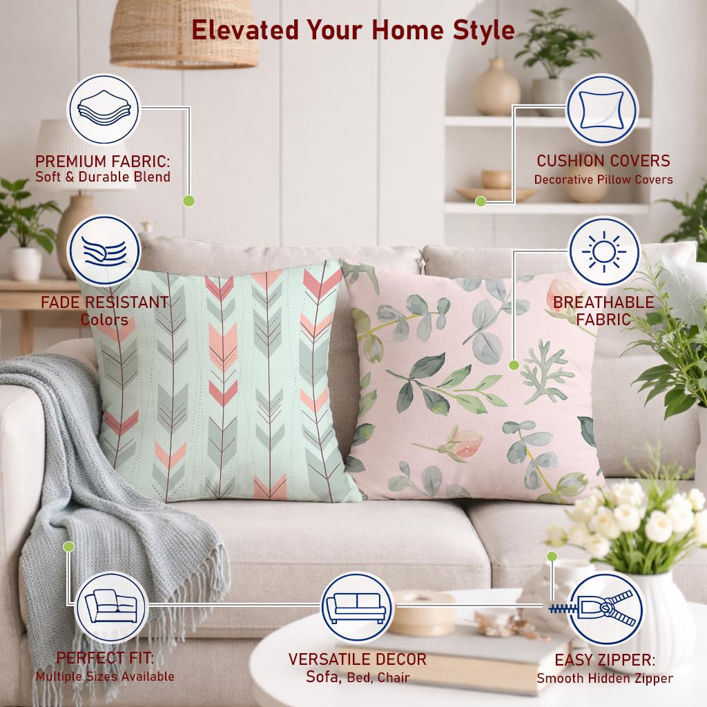 STITCHNEST Set of 2 Pastel Leaf Serenity Collection Printed Jute Cushion Covers 16x16 Inches | Decorative Throw Pillow Covers for Sofa, Living Room, Bedroom | Perfect for Home Decor
